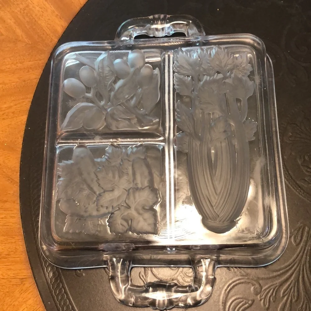 1940's Vintage Art Deco Glass Serving Tray Dish Platter Intaglio Clear Frosted